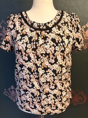 Angels Black Floral Short Sleeve Blouse with Pink and Cream Blossoms